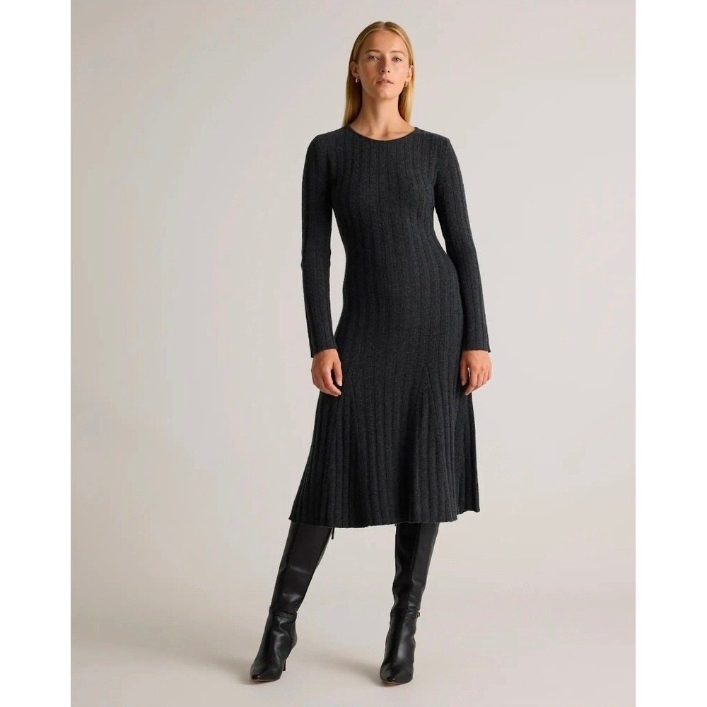 Quince Mongolian Cashmere Wide-Rib Midi Dress Heather Charcoal Small